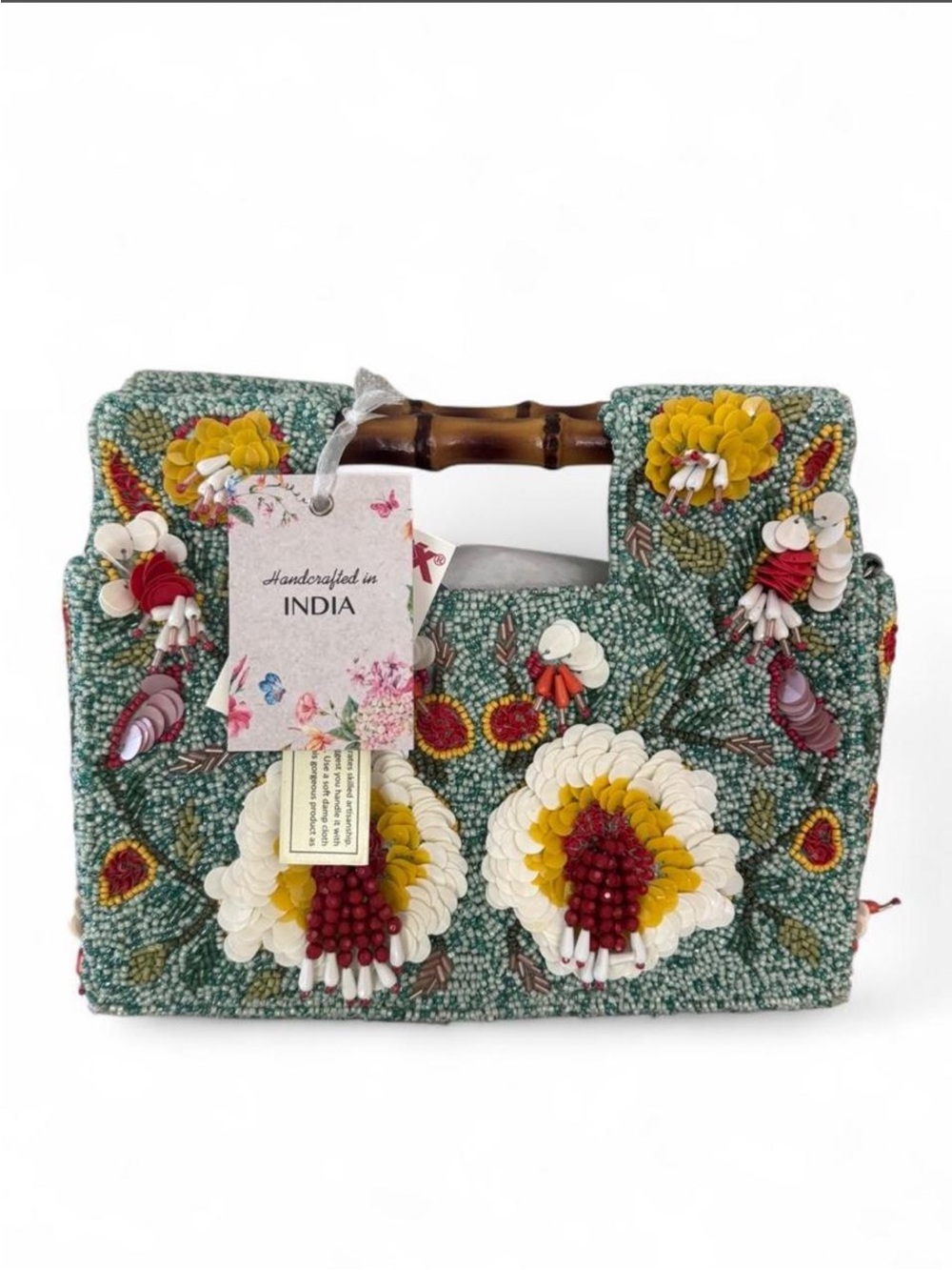 Made in India Beaded Blue Green with Floral design Clutch Crossbody bag